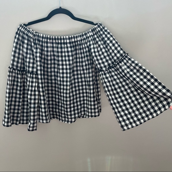 Who What Wear black and white checkered off the shoulder top - Picture 8 of 8